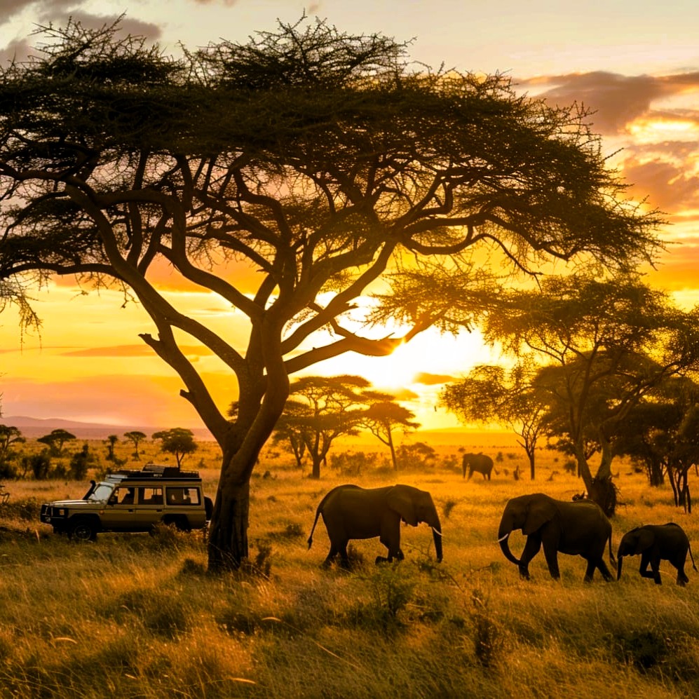 Elephants walking across the savannah in Tarangire National Park